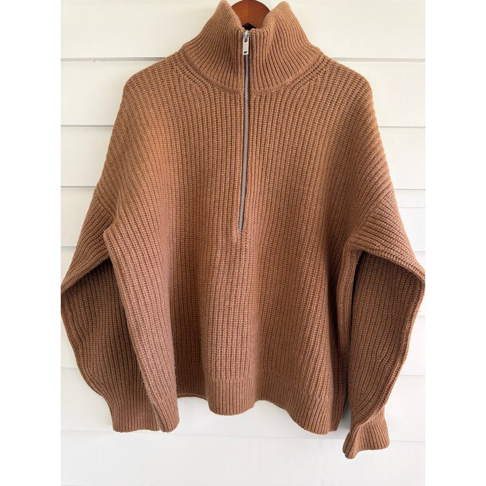 Everlane Luxe Merino Wool Half Zip Sweater Camel Oversized Rib Knit Funnel Neck